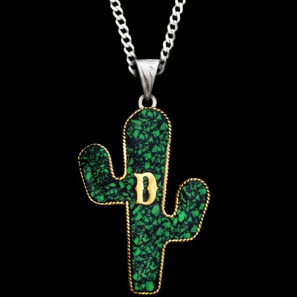 The San Pedro Cactus Pendant is Crafted with our signature Crushed Turquoise, a Jeweler's Bronze rope edge and a Western Style Initial of your choice. 